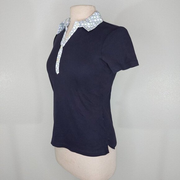 Lands End Womens XS Petite Polo Shirt Short Sleeve Navy Print Collar - Picture 2 of 12